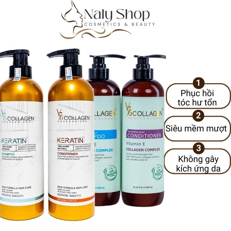 Cặp Dầu Gội Xả Collagen Keratin V76 Phục Hồi Tóc Hư Tổn, Dầu Gội Thảo Dược Kích Thích Giúp Tóc Siêu Mềm Mượt 800ml Naly