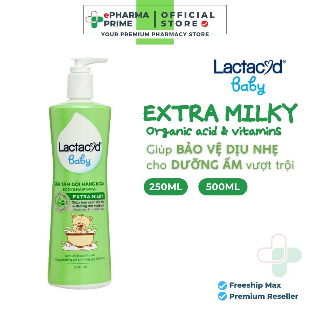 Sữa Tắm Gội Trẻ Em Lactacyd Baby Extra Milky Ngừa Rôm Sảy Cho Bé 500ml