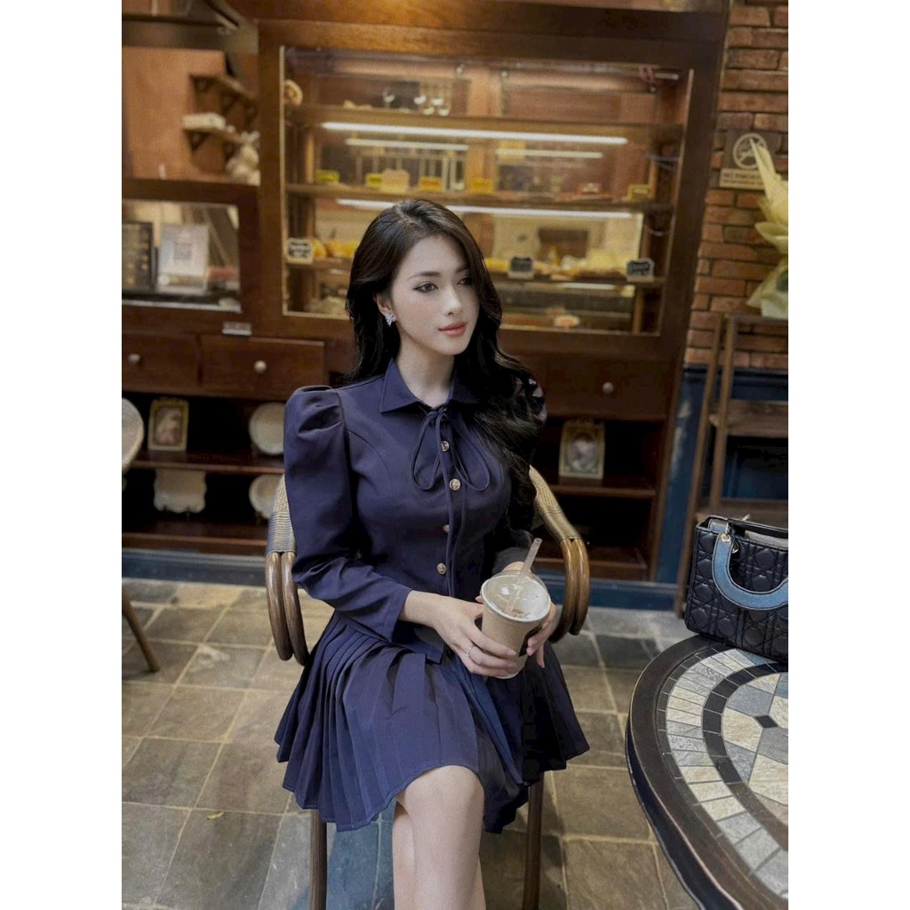 Set áo croptop tay phồng dài mix chân váy dập li xinh xinh