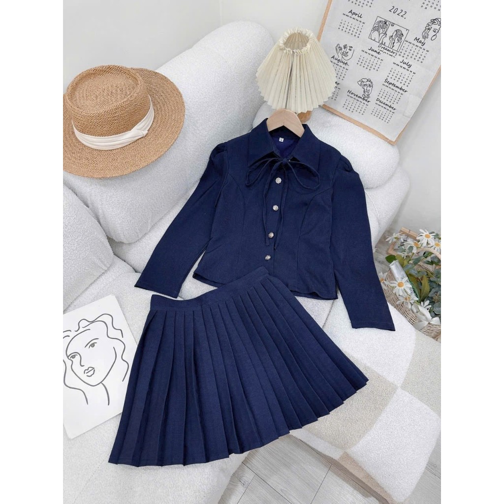 Set áo croptop tay phồng dài mix chân váy dập li xinh xinh