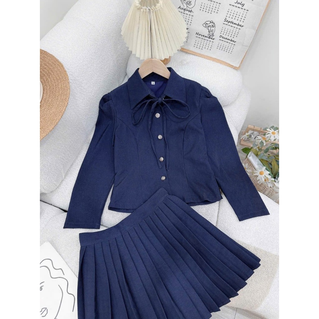 Set áo croptop tay phồng dài mix chân váy dập li xinh xinh