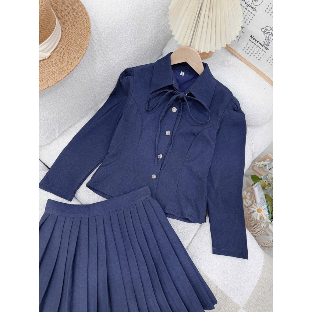 Set áo croptop tay phồng dài mix chân váy dập li xinh xinh