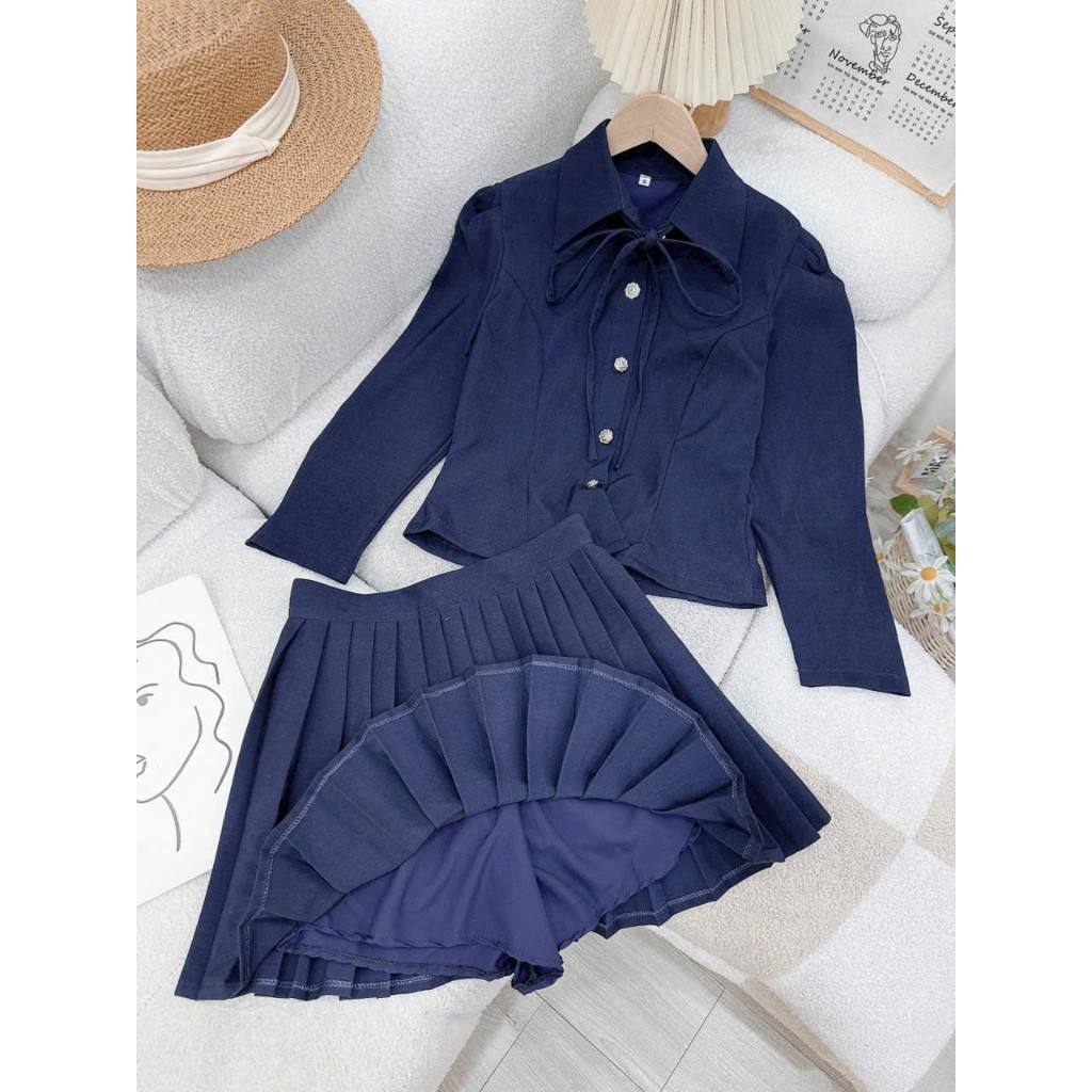 Set áo croptop tay phồng dài mix chân váy dập li xinh xinh