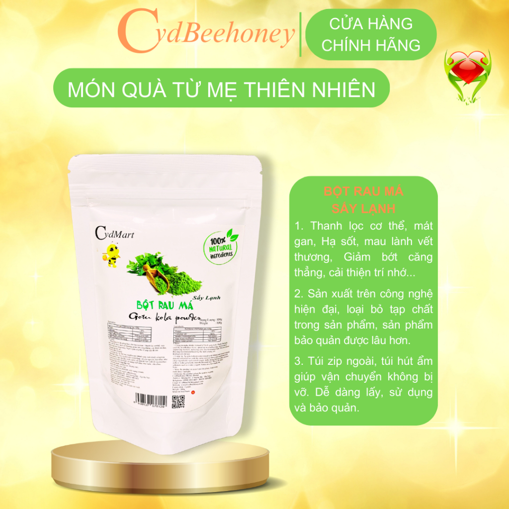 Bột Rau Má Sấy Lạnh Nguyên Chất, Organic, Tăng Đề Kháng, Sức Khỏe, Đẹp Da, Làm Bánh, Đồ Uống CVDBEEHONEY 100g
