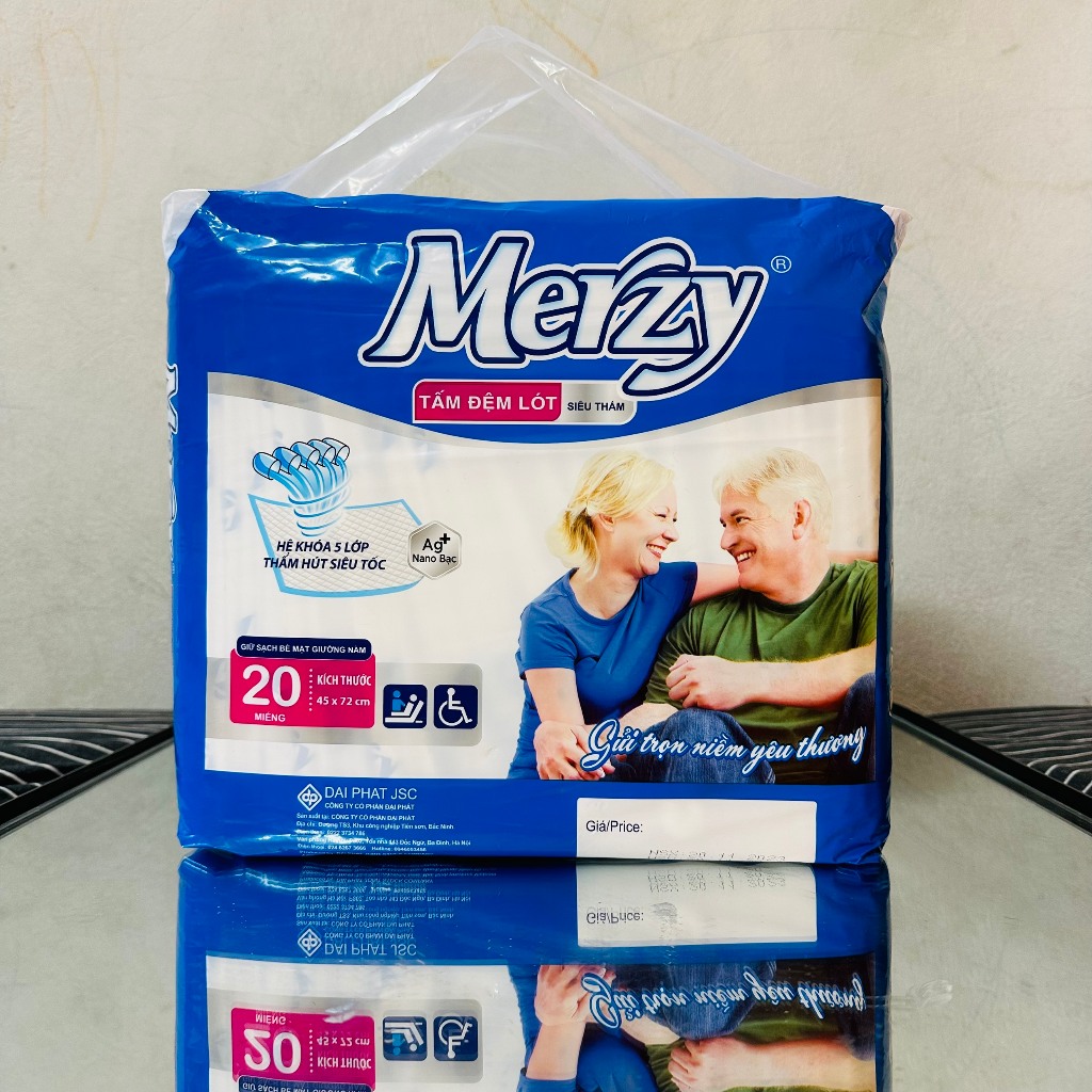 Tấm đệm lót Merzy, lót người già, tấm lót người lớn Merzy siêu thấm. khô thoáng, 3 lớp thoáng khí chống hăm