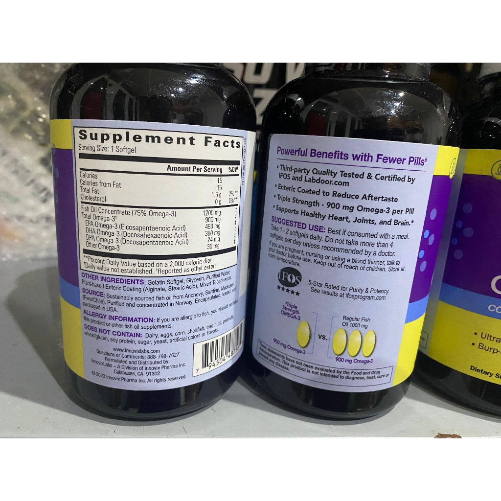 Viên uống dầu cá Triple Strength OMEGA-3 200 viên hàm lượng EPA, DHA cao hỗ trợ sáng mắt bổ não từ hãng INNOVIXLABS