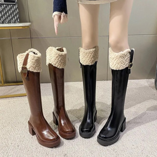 Giày bốt nữa cao gót phối cổ lông  QCc ( sẵn đen 38 nâu 36-38)