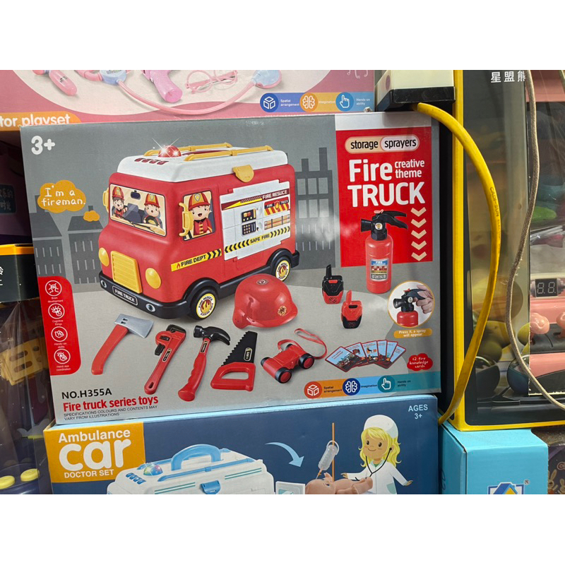 Đồ chơi xe cứu hoả lắp pin chạy được có còi có đèn, kèm bộ dụng cu đồ chơi cứu hoả, đồ chơi đóng vai cứu hoả