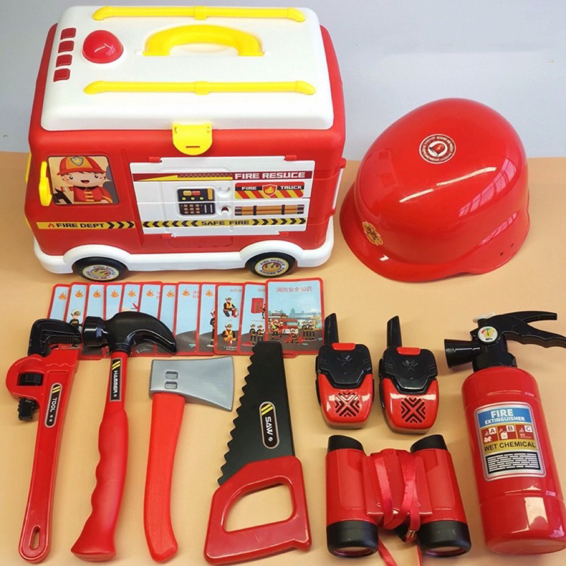 Đồ chơi xe cứu hoả lắp pin chạy được có còi có đèn, kèm bộ dụng cu đồ chơi cứu hoả, đồ chơi đóng vai cứu hoả