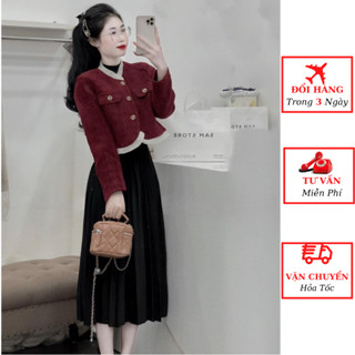 Set áo khoác dạ tweed đỏ viền bèo kèm chân váy xếp ly dáng dài maxi tiểu thư mùa đông