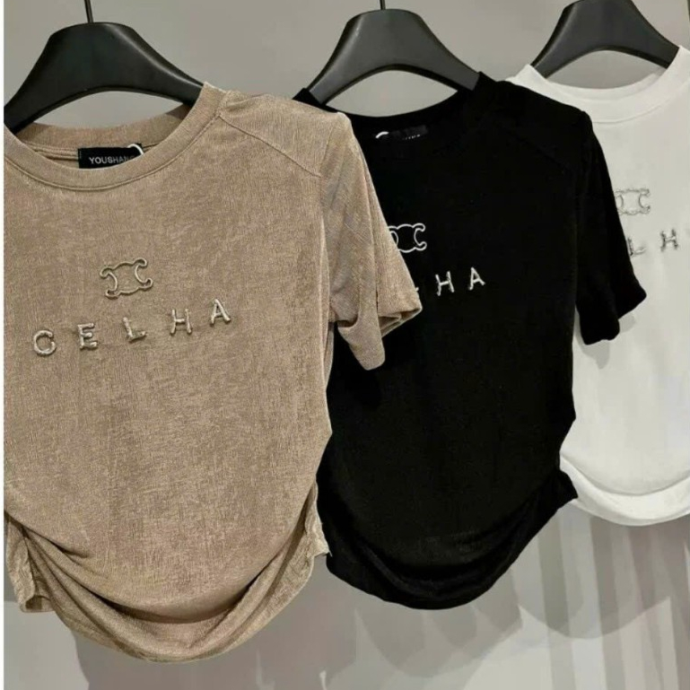 HỎA TÔC HCM Áo thun cổ tròn croptop tay ngắn nhúng eo hình chữ nổi AK73