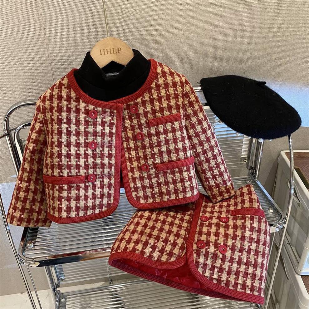 Bộ Áo Khoác Và Chân Váy Dạ Tweed Chần Bông Sành Điệu Cho Bé Gái