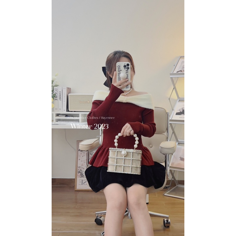 Áo len trễ vai nơ ngực tay dài bèo thân 3 màu 23September