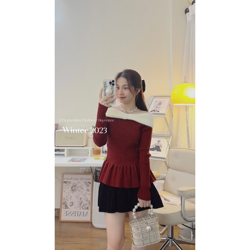 Áo len trễ vai nơ ngực tay dài bèo thân 3 màu 23September