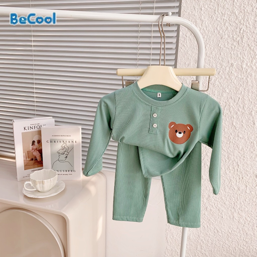 Đồ Bộ Bé Trai Bé Gái In Hình Mặt Gấu Chất Cotton Gân Cao Cấp,Set Đồ Ngủ Cho Bé Từ 8-18kg