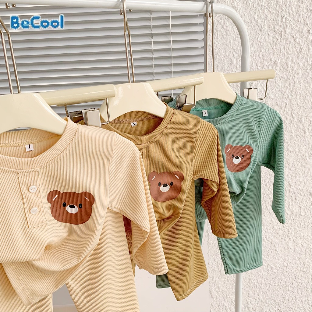 Đồ Bộ Bé Trai Bé Gái In Hình Mặt Gấu Chất Cotton Gân Cao Cấp,Set Đồ Ngủ Cho Bé Từ 8-18kg