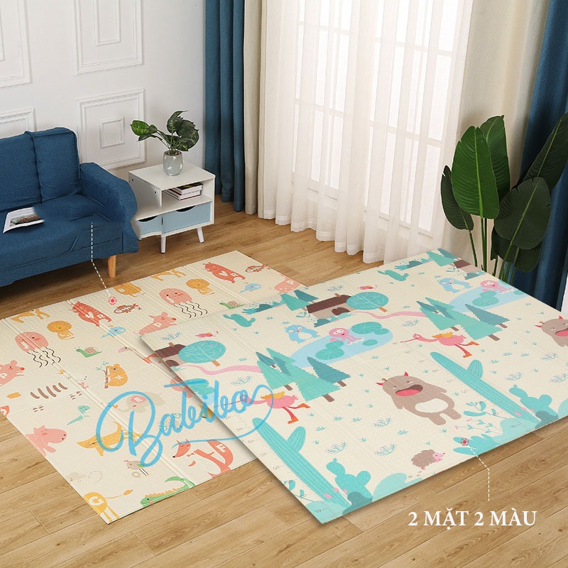 Thảm xốp cho bé XPE, xốp trải sàn phủ silicon 2 mặt cao cấp 1.8x2m cho bé chơi thoải mái gấp gọn -BabiboKids