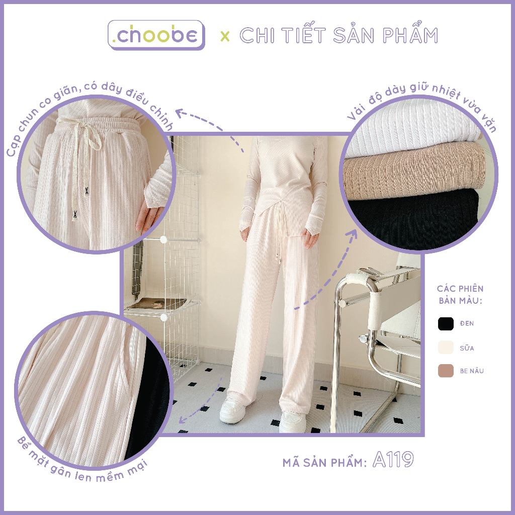Set đồ nữ Choobe bộ thu đông quần áo dài tay kèm quần ống rộng vải gân len mềm mịn Q88 + A118