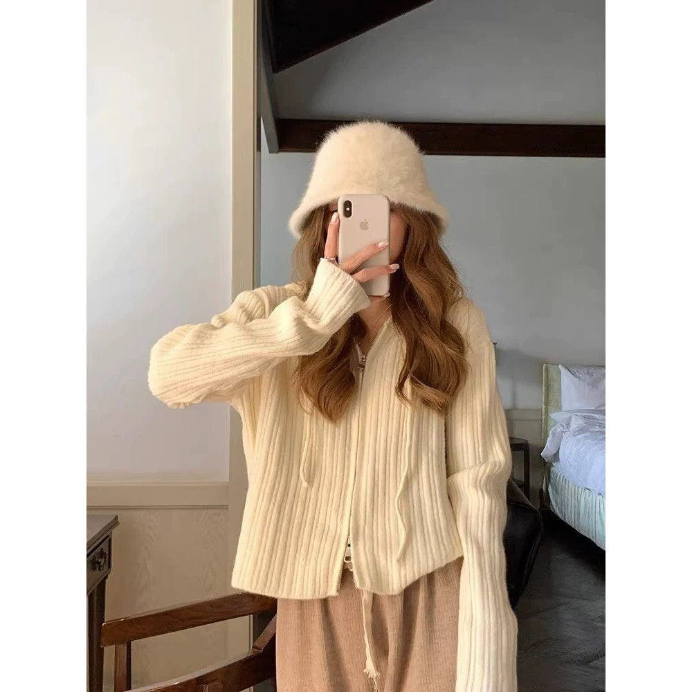 Áo khoác len nữ VMSTYLE cardigan croptop tay dài có nón dây kéo kiểu trơn, đơn giản - ALU00269