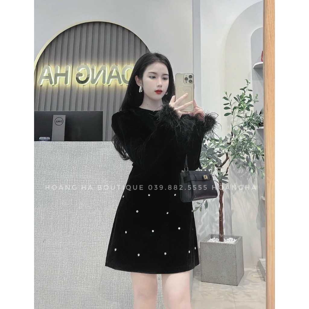 Váy Nhung EVANIA Váy Nhung Đen Suông Dáng Vừa Có Lót Trong, Chất Vải Nhung Cứng Họa Tiết Chấm Bi Trắng B294