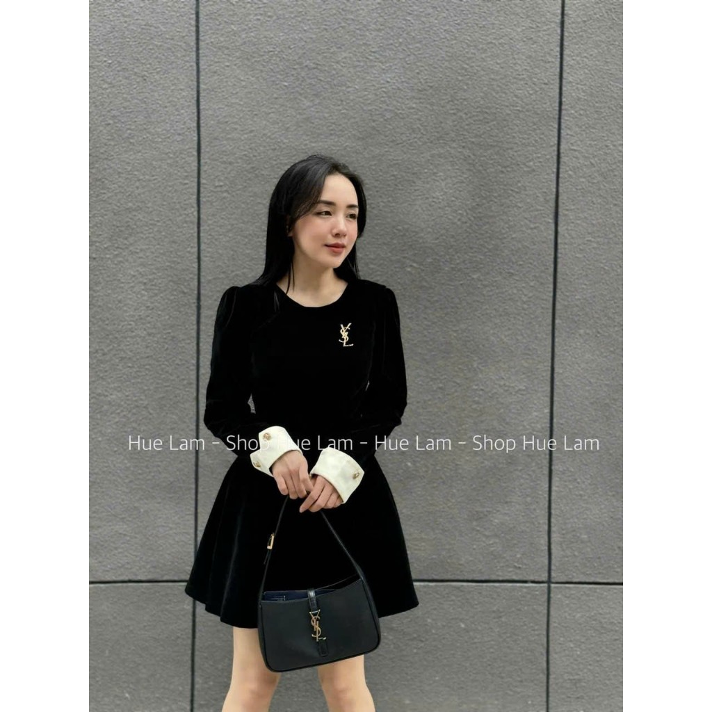 Váy Nhung Đen EVANIA Váy Nhung Nữ Trơn Dáng Suông Có Lót Trong Họa Tiết Phối Cổ Ống Tay Áo Trắng B295