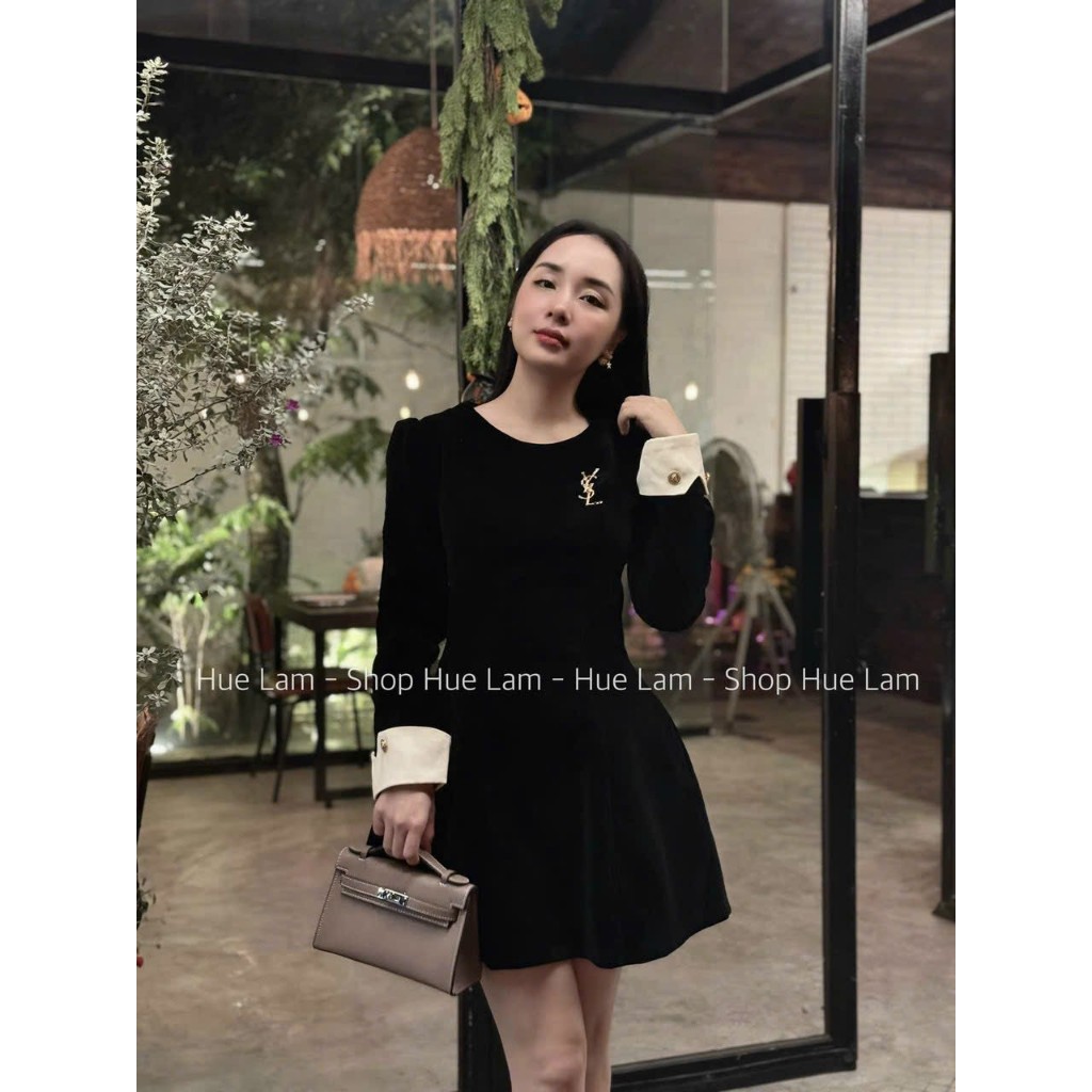 Váy Nhung Đen EVANIA Váy Nhung Nữ Trơn Dáng Suông Có Lót Trong Họa Tiết Phối Cổ Ống Tay Áo Trắng B295