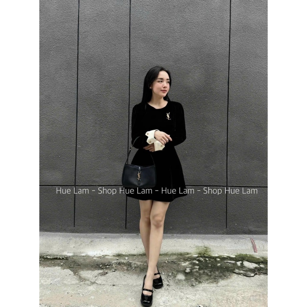 Váy Nhung Đen EVANIA Váy Nhung Nữ Trơn Dáng Suông Có Lót Trong Họa Tiết Phối Cổ Ống Tay Áo Trắng B295