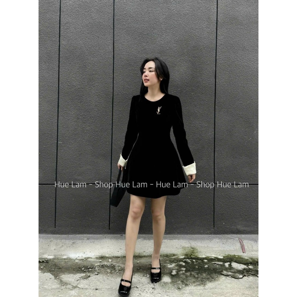 Váy Nhung Đen EVANIA Váy Nhung Nữ Trơn Dáng Suông Có Lót Trong Họa Tiết Phối Cổ Ống Tay Áo Trắng B295