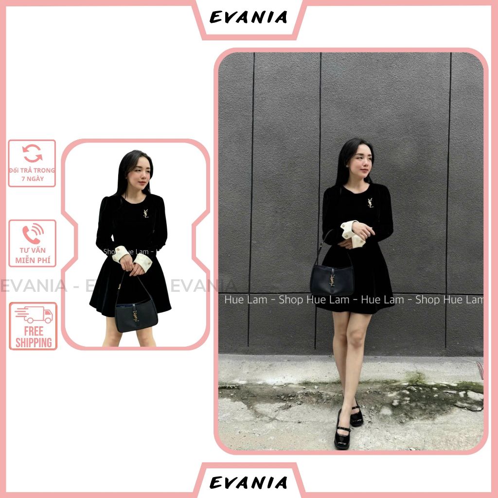 Váy Nhung Đen EVANIA Váy Nhung Nữ Trơn Dáng Suông Có Lót Trong Họa Tiết Phối Cổ Ống Tay Áo Trắng B295
