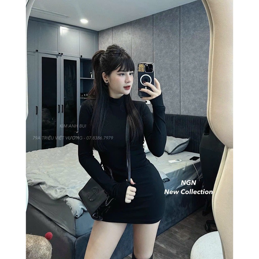 Váy Body EVANIA Váy Body Ngắn, Chất Vải Zip Thun Đen Ôm Body Thiết Kế Ống Tay Xỏ Ngón B296