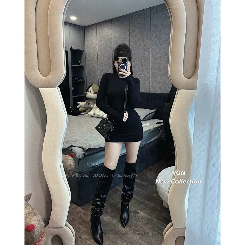 Váy Body EVANIA Váy Body Ngắn, Chất Vải Zip Thun Đen Ôm Body Thiết Kế Ống Tay Xỏ Ngón B296