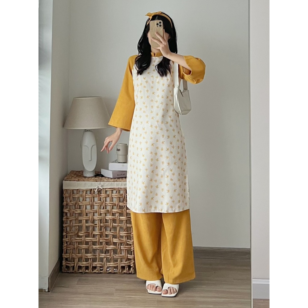 Set áo dài cách tân Tết nhung tăm hoa nhí phối tay kèm dây turban xinh xắn