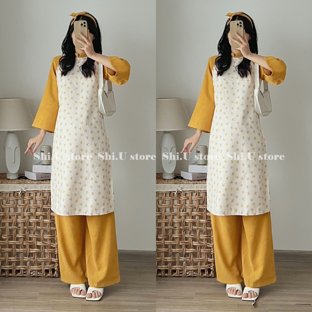 Set áo dài cách tân Tết nhung tăm hoa nhí phối tay kèm dây turban xinh xắn