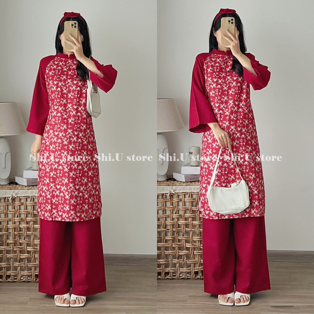 Set áo dài cách tân Tết nhung tăm hoa nhí phối tay kèm dây turban xinh xắn