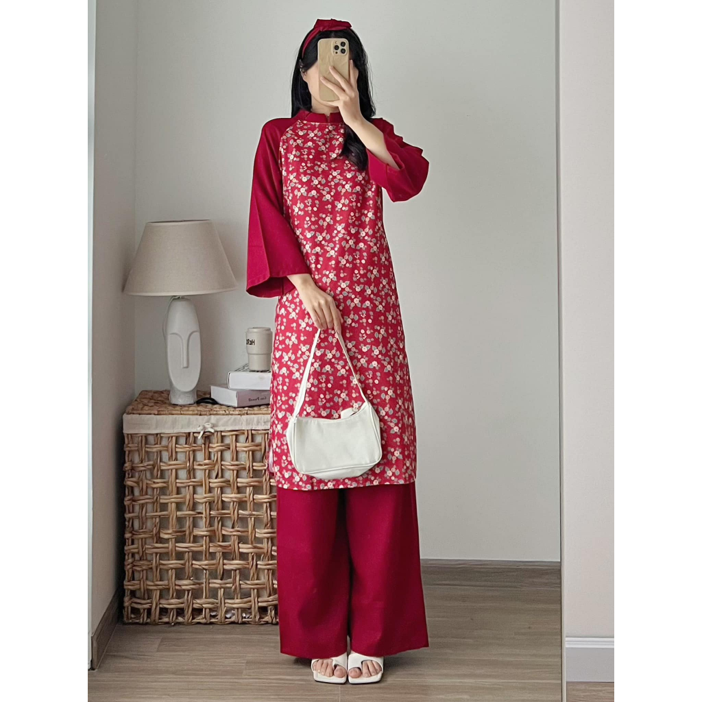 Set áo dài cách tân Tết nhung tăm hoa nhí phối tay kèm dây turban xinh xắn