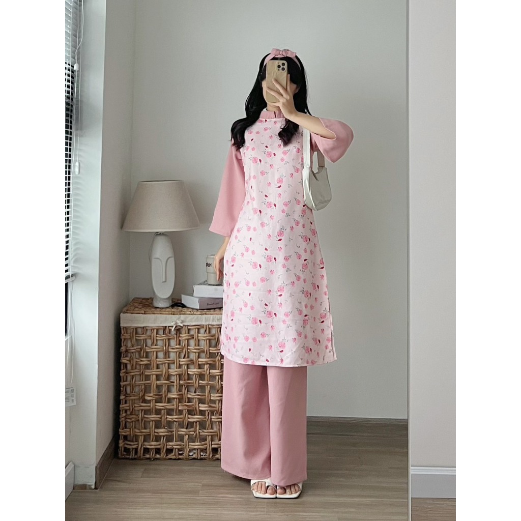 Set áo dài cách tân Tết nhung tăm hoa nhí phối tay kèm dây turban xinh xắn