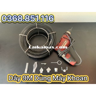 Dây thông tắc cống lò xo dùng máy khoan dài 9m + 6 đầu thông + kết nối máy khoan