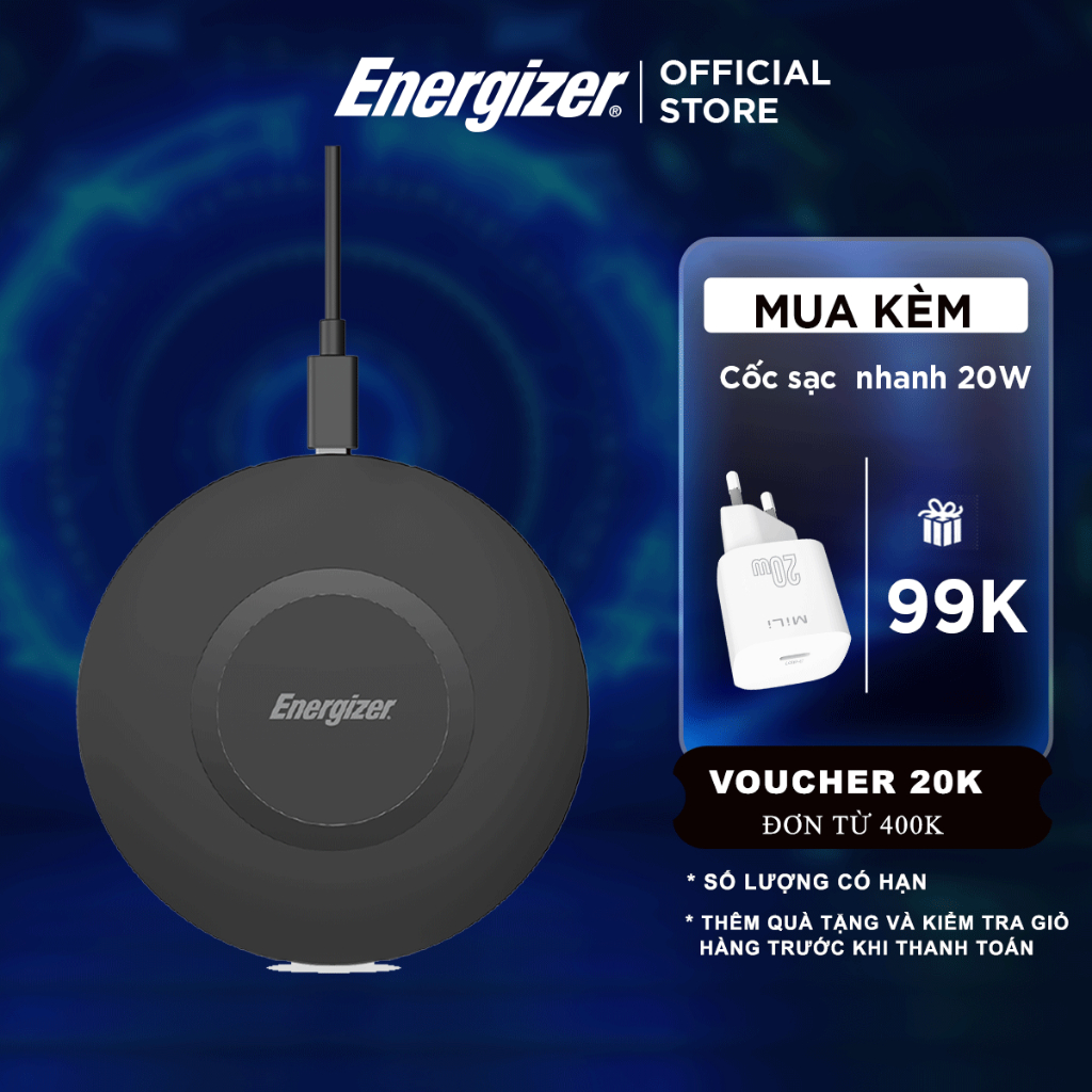 Đế sạc không dây Energizer 15W kèm cáp USB-C  WCP105 - Hàng Chính Hãng, Bảo Hành 2 Năm 1 Đổi 1