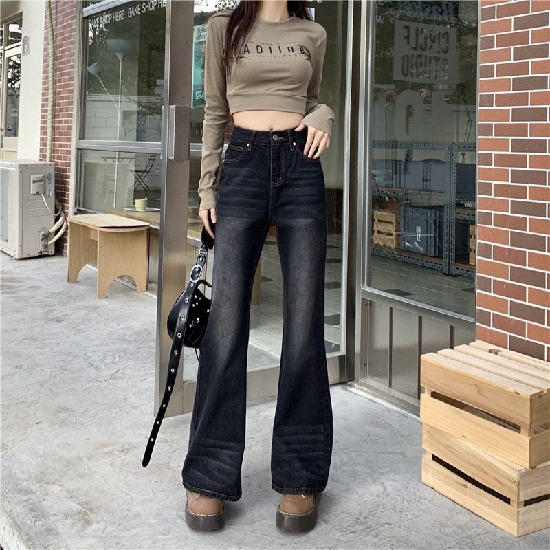 Quần jeans đen retro wax trắng lưng cao ống rộng loe
