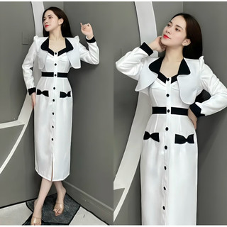 Hot Set áo croptop viền đính nơ + Chân váy midi tiểu thư