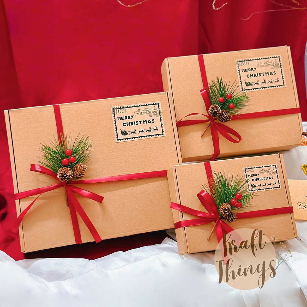 Hộp đựng quà kraft Merry Christmas - Hộp quà tặng giáng sinh kèm rơm lót