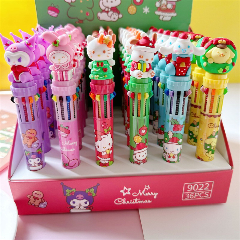 Bút viết bi bấm nhiều ngòi 0.5mm 10 ngòi 10 màu hoạt hình Sanrio Kuromi Melody Cinnamoroll Kitty Pompurin Pochacco