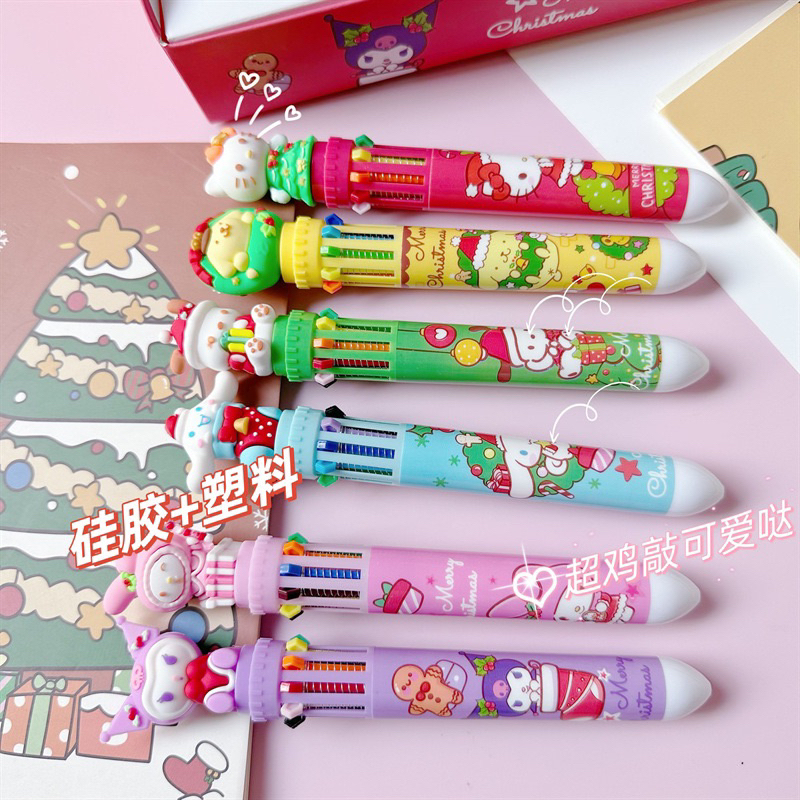 Bút viết bi bấm nhiều ngòi 0.5mm 10 ngòi 10 màu hoạt hình Sanrio Kuromi Melody Cinnamoroll Kitty Pompurin Pochacco