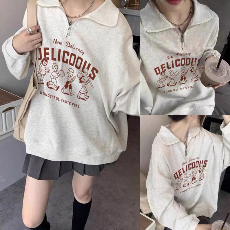 Áo polo nam nữ xám tiêu,áo hoodie cổ zip dài tay phồng kiểu dáng OVERSIZE có khoá kéo in hình dễ thương