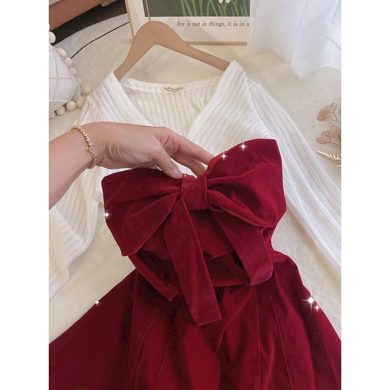 Sét váy nữ thời trang mặc đi chơi, đầm nhung 2 dây cúp ngực cột nơ dáng váy xoè mix kèm áo khoán ren tay dài