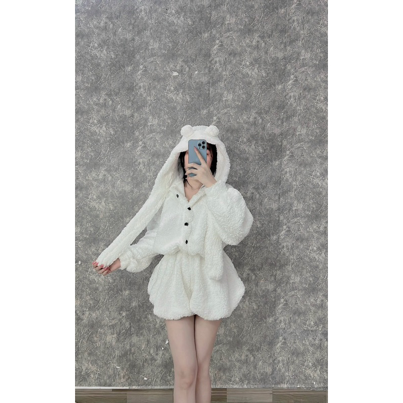 Set tai thỏ lông quần đùi áo có nón tay dài noel Tết mùa đông