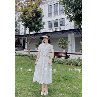 Set chân váy xoè dài áo crop ren xô tay ngắn