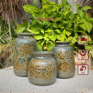 Bộ 3 bình gốm khắc tay họa tiết hoa sen, men xanh mộc cổ kính 3 kích thước