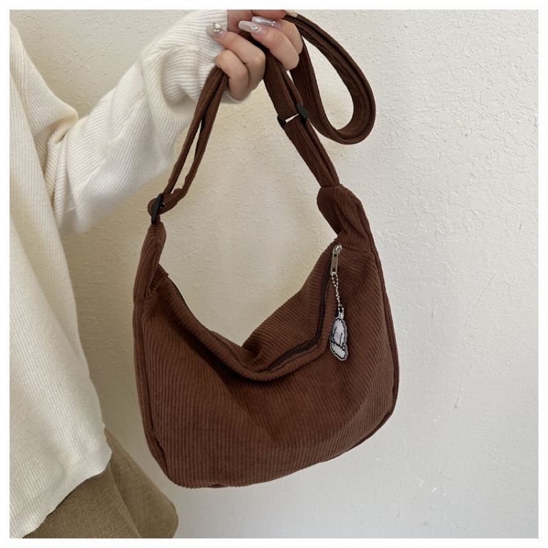 Túi Đeo Chéo Vải Nhung Kẻ Sọc Mùa Đông Basic Dễ Phối Đồ