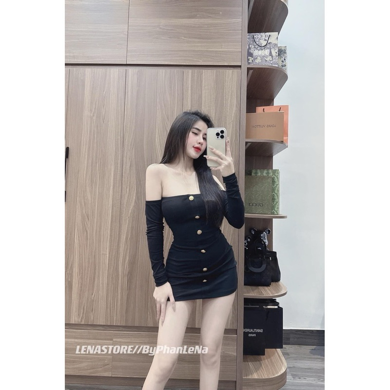 Váy body trễ vai dài tay đính khuy sang chảnh tôn dáng